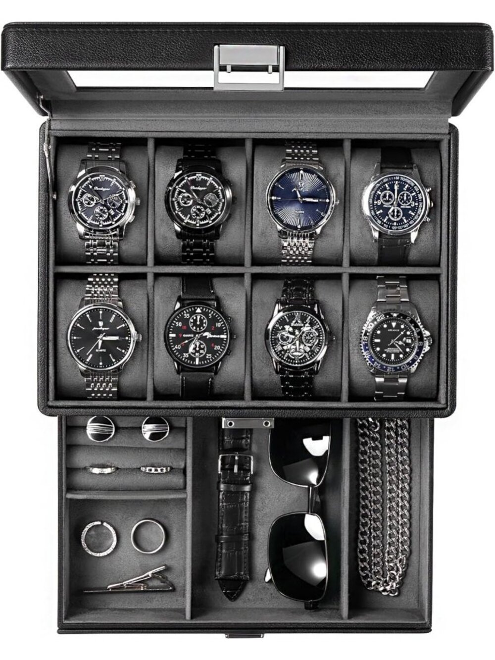Stylish 8-Slot Watch Box for Men, Jewelry Organizer with Drawer & Glass Lid